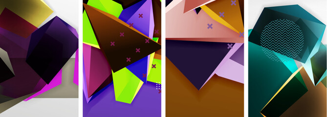 Trendy low poly 3d triangle shapes and other geometric elements background designs for wallpaper, business card, cover, poster, banner, brochure, header, website