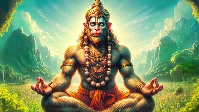 Indian God Hanuman Meditating in a Natural Setting