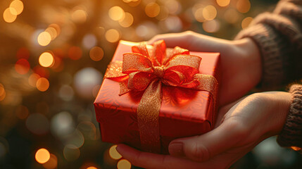 Close-up of hands presenting a golden glittering gift box tied with a red ribbon, with blurred festive lights in the background, evoking warmth and celebration.