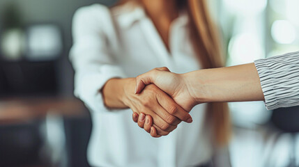 Professional Handshake in Business Setting.Close-up of a firm handshake between two professionals in a bright office environment, symbolizing agreement and cooperation.