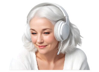 An old woman wearing headphones, transparent background