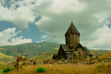The unique ancient Christian basalt monastery of Tanaat and the ruins of Gladzor University. Church of St. Stepanos