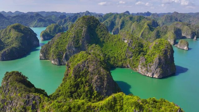 aerial view of Halong bay in Vietnam, sunny summer view of Halong bay, famous Vietnamese tourist destination drone view