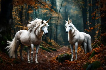 Obraz na płótnie Canvas make me a fantastic forest, with unicorns, wolves