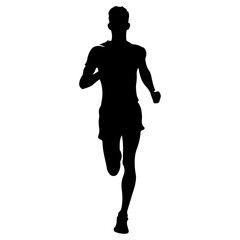 minimal Marathon front view run pose man vector silhouette, black color silhouette