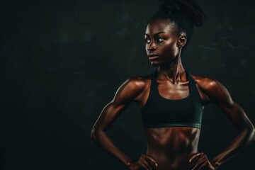 Fototapeta na wymiar Woman showcasing fitness and physique on black background with copy space