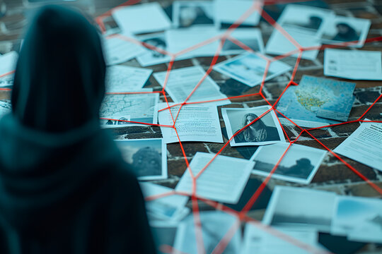 A hooded person examines a web of photos and papers connected by red strings, creating a mysterious and intense scene. The image depicts a crime board or a conspiracy theory, with clues and evidence 