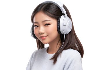 Beautiful Asian girl listening to music with headphones on, transparent background