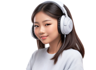 Beautiful Asian girl listening to music with headphones on, transparent background