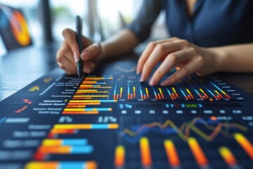 Naklejka premium Close-up of a professional analyzing colorful graphs and data on a document. Perfect for finance, business analytics, and professional consulting
