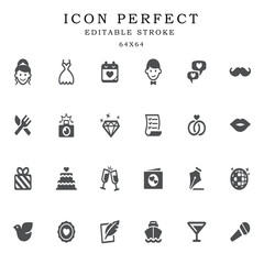 Wedding icon set. editable stroke outline isolated on white background flat vector illustration. Pixel perfect. 64 x 64