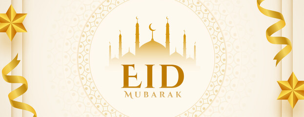 eid mubarak cultural banner with golden ribbon decor - obrazy, fototapety, plakaty