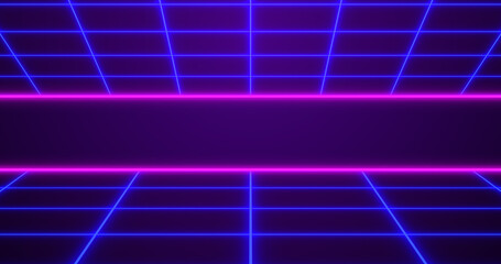 Dynamic Retro style 80s neon colored grid seamless bg. Sci-Fi movies like digital laser grid moving cyber background. Synthwave style glowing grids backdrop for techno nightclub, disco dance floor.