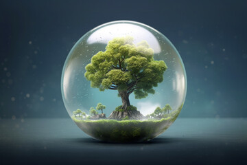 Nature, environment, landscape concept. Abstract and surreal illustration of green tree growing inside water or glass bubble in nature background with copy space. Minimalist style