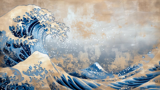 The Great Wave Of Kanagawa, Hokusai ocean wave background for copy space text. Japanese graphic resource antique banner by Vita.