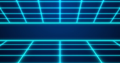 Dynamic Retro style 80s neon colored grid seamless bg. Sci-Fi movies like digital laser grid moving cyber background. Synthwave style glowing grids backdrop for techno nightclub, disco dance floor.