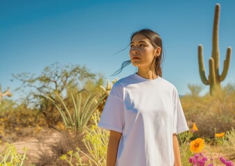 Native American Woman Standing in a Desert with Cactus During Springtime Summer Wearing a Blank White T-Shirt for Mock Up, Tee Mock Up, Blank White T Shirt