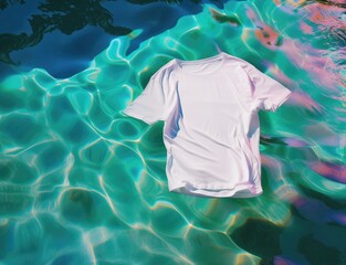 T-Shirt Apparel Mock Up for Summer, Blank White Tee Shirt Floating in An Outdoor Blue Sparkling Pool