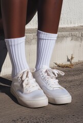 A Diverse Youthful, African American Female Wearing Blank White Socks Outdoors , Sock Mock Up, Blank White Socks