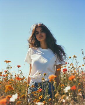 A Young Female Wearing a White Tee Shirt Mock Up Standing Outdoors Among A Meadow of Flowers, Youth Culture, Apparel Mock Up