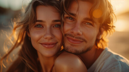 Portrait of a youmg couple smiling iin the sunset - obrazy, fototapety, plakaty