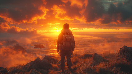 Man with backpack watching the seaside landscape