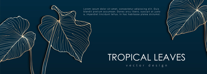 Dark luxury tropical design with golden tropical leaf outlines. Botanical background, wallpaper, postcard, cover design