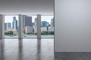 Downtown Chicago City Skyline Buildings Window background. Mock up copy space wall. Empty office...