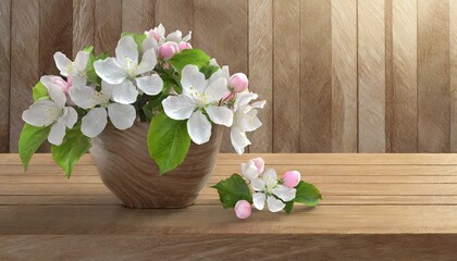Blooming Tranquility: Spring Apple Blossoms on a Wooden Background"