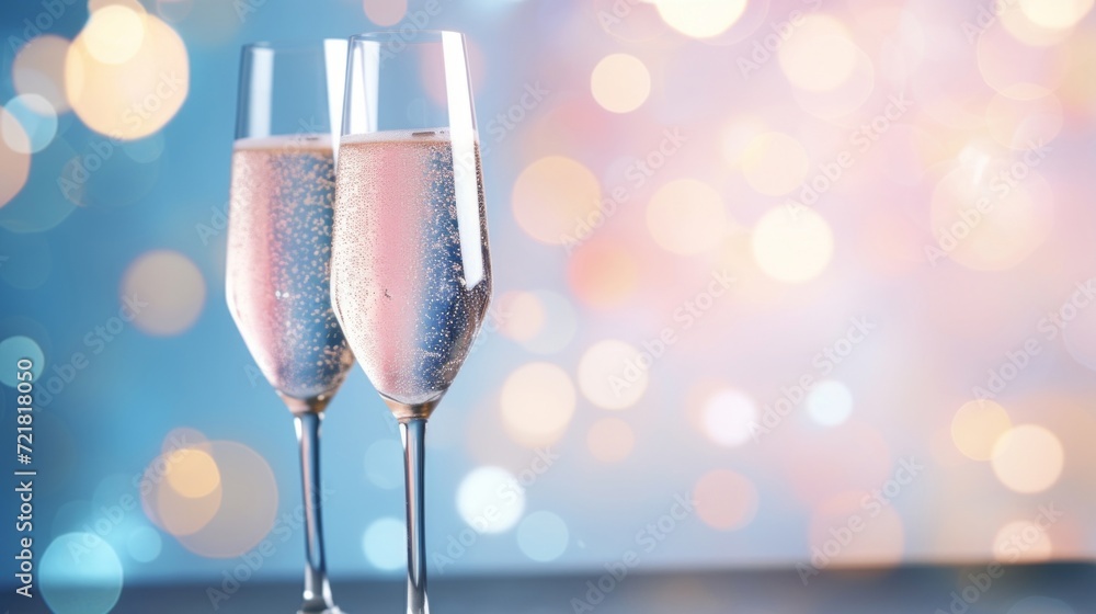 Poster elegant champagne flutes with sparkling bubbles against a soft bokeh light background.