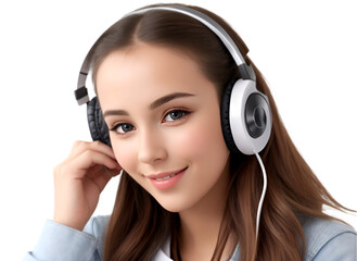 A beautiful young woman working with headphones on, transparent background 