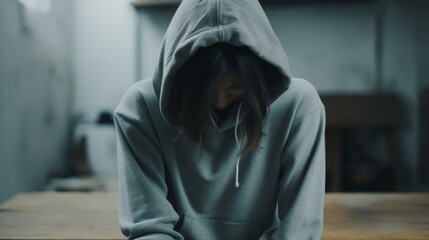 A somber mood surrounds a person wearing a grey hoodie, head bowed in a dimly lit room.