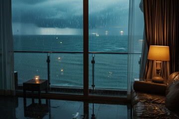 High angle view of an luxury room in a minimalist and elite hotel, overlooking the sea view with floor to ceiling windows, in a stormy raining night ...