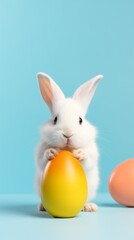 Fototapeta na wymiar An adorable white rabbit holding a large orange Easter egg against a bright blue background.