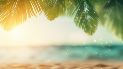 Fototapeta na wymiar Sunlit palm leaves framing a serene tropical beach, ideal for summer vacations.