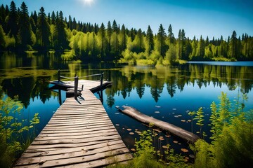  Witness the beauty of Traditional Finnish and Scandinavian landscapes in an HD-captured scene featuring a serene lake on a summer day. An old rustic wooden dock or pier in Finland is kissed by sunlig