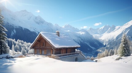 A cozy wooden cabin surrounded by pristine snow with alpine mountains in the background on a clear day.