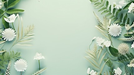 A serene collection of white flowers and green leaves arranged in a circular frame on a pastel green backdrop. - obrazy, fototapety, plakaty