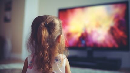 Rear view of a little girl watching an animated movie on a flat screen TV in a cozy room.