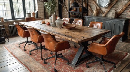 Salle à manger rustique avec table en bois, chaises en cuir et ambiance vintage chaleureuse