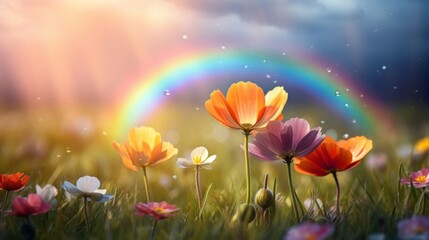 Obraz premium Bright wildflowers bloom under a radiant rainbow in a serene, sunlit meadow setting.