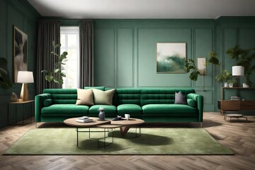 Experience the fusion of style and comfort with an HD-captured image featuring a modern green sofa in a thoughtfully designed living room, rendered in 3D on a transparent background.