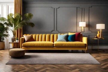  Witness the sophistication of interior design with an HD image capturing a realistic 3D rendering of a moderyellow sofa in a chic living room, presented on a transparent background