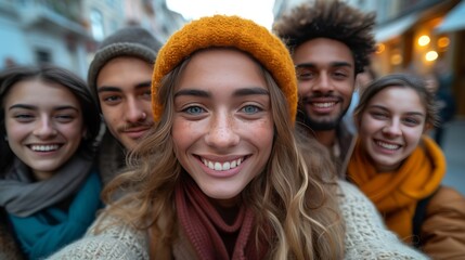 Groupe de jeunes gens joyeux  et d'amis proches en tenues chaudes, partageant des moments de bonheur en extérieur