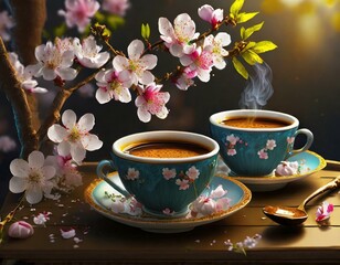 Fototapeta na wymiar Artistic beautiful romance a cups of espresso coffee serve with cherry blossom flower branch