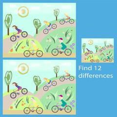 Fototapeta na wymiar find 12 differences in children on bicycles