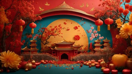 chinese temple in the night, lunar newyear background, ads design banner