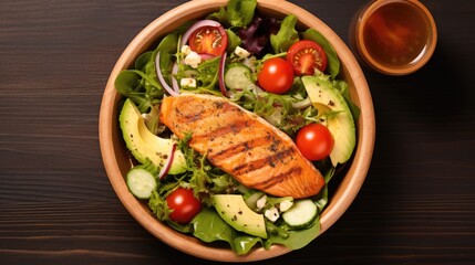 Healthy Food delivery, variant green salad and grilled chicken meat or grilled salmon in paper container for delivery, top view AI generated, copy space for texts