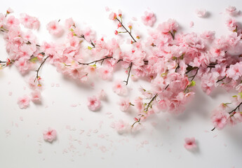 Several Pink Cherry Blossom Branches With Flowers. Macro Shot Of Almond Blossom Or Sakura Branches Filled With Flowers Leaves And Buds