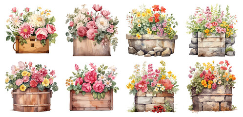 Set of watercolor vintage floral flower box Sticker, Clipart, PNG, generated ai.